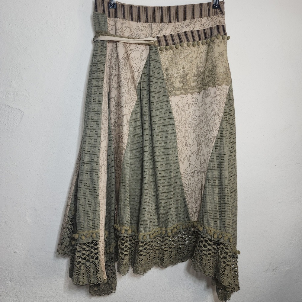 Hazel Patchwork Midi Skirt Women Medium Green Paisley Crochet Lace Boho - Picture 5 of 10